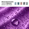 A close-up of water droplets on purple fabric, with a row of colorful backpacks at the top and German text describing the material. Produktbild-Vorschau