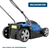 A close-up view of a blue and black electric lawnmower, showing its wheels and grass catcher. Produktbild-Vorschau