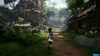 A young woman runs down a path in a lush, green village with traditional buildings. Produktbild-Vorschau