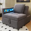 A modern gray sofa bed with built-in storage and blue LED lighting. Voir les images du produit