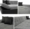 Collage of close-up and wider shots of a gray sectional sofa with black accent pillows. Náhled obrázku produktu