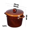 A brown ceramic pot with a lid, with dimensions indicated by text overlays. Voir les images du produit