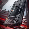 A rugged black phone case with a carbon fiber accent is shown in a dynamic, action-oriented setting with sparks and debris flying. Produktbild-Vorschau