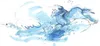 An artistic watercolor illustration of a horse and rider in motion, with abstract blue waves and splashes. Podgląd zdjęcia produktu
