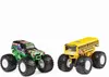 Two monster trucks, one green and black with flames and a skull design, and another yellow school bus monster truck, are displayed against a white background. Voir les images du produit