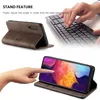 A collage of images showing a brown leather phone case with a phone inside, a hand interacting with a phone screen, and a person typing on a keyboard. Produktbild-Vorschau