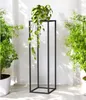 A black metal plant stand with a potted plant on top, placed on a light-colored floor with white walls in the background. Green plants are visible on both sides. Produktbild-Vorschau