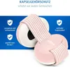 A product shot of pink ear defenders with a striped headband, set against a blue and white background with text and icons. Produktbild-Vorschau