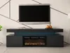A modern black TV stand with an integrated electric fireplace and blue LED lighting, featuring a television mounted above it. Produktbild-Vorschau