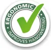 A circular graphic with a green checkmark and text indicating ergonomic benefits. Produktbild-Vorschau