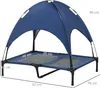 A blue elevated dog bed with a canopy, shown with dimensions indicated by text overlays. Produktbild-Vorschau