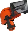 An orange safety helmet with a mesh visor and ear protection, on a white background. Produktbild-Vorschau