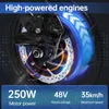 Close-up of an electric scooter wheel and brake system with marketing text and specifications. Náhľad obrázku produktu