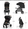 A collage of images showing a black stroller with dimensions indicated by text and lines. Náhled obrázku produktu