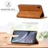 A product image showcasing a brown leather phone case with a stand function and card slots, demonstrating its hands-free capability and 360-degree protection. Produktbild-Vorschau
