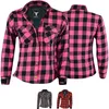 Damen-Motorradshirt im Lumberjack-Stil in Pink, Vorder- und Rückansicht, BLD1200. Sorgfältig aus Baumwolle mit Polyester-Innenfutter gefertigt, mit Schulter-, Ellenbogen- und Rückenprotektoren, erhältlich in 2 Grundfarben. Produktbild-Vorschau