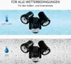 The image shows a black LED outdoor wall light with a motion sensor, presented in two different weather conditions: a light blue background with snowflakes and a gray background with raindrops. The text indicates suitability for all weather conditions and  Produktbild-Vorschau