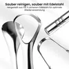 A close-up studio shot of three stainless steel tongue scrapers against a gradient background. Produktbild-Vorschau
