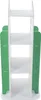 A white, multi-tiered bookshelf with green side panels, shown from the front. Náhled obrázku produktu