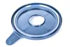 A close-up, top-down view of a gray and blue mixing bowl lid with a handle, set against a white background. Produktbild-Vorschau