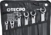 A set of TECPO open-ended wrenches laid out in a black fabric organizer. Produktbild-Vorschau