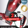 A close-up of a red vacuum cleaner with promotional text and graphics indicating replacement filters. Produktbild-Vorschau