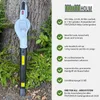 A cordless leaf blower leaning against a tree, with a list of product features on the right. Produktbild-Vorschau