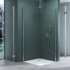 A modern shower enclosure with a corner entrance, featuring clear glass doors and a dark green wall. Produktbild-Vorschau