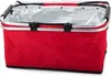 A red insulated picnic basket with silver metal frame and black handles. Náhled obrázku produktu