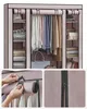 Collage of a portable fabric wardrobe with clothes hanging and folded on shelves, and close-ups of the door mechanism. Náhled obrázku produktu