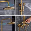 A collage of four images showing a brass shower fixture with a showerhead and handheld showerhead, demonstrating its features and operation. Náhled obrázku produktu