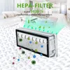 A close-up of a HEPA filter with animated particles and text overlays, set against a blurred background of a room. Produktbild-Vorschau