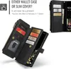 A black wallet phone case with multiple card slots and a zipper compartment is shown open, displaying cards and cash. A phone is inserted into the case. Produktbild-Vorschau