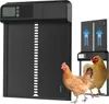 A product image showing an automatic chicken coop door opener with two chickens in front of it. Produktbild-Vorschau