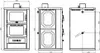 Technical drawing of a wood-burning stove with dimensions. Voir les images du produit