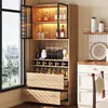 A tall wooden cabinet with glass doors and internal lighting, filled with bottles, glasses, and jars. The cabinet is positioned next to a large window with a city view. Náhled obrázku produktu