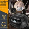 A boombox CD player is shown in use with a person listening to music through earphones, with a background of a person playing a cello. Produktbild-Vorschau