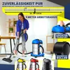 A woman is using a vacuum cleaner in a room, with various vacuum cleaner models and accessories displayed. Produktbild-Vorschau