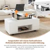 A white multifunctional coffee table with a lifting top is shown in a living room setting, with text overlay describing its features. Anteprima dell’immagine prodotto