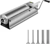 A horizontal sausage stuffer with a crank handle and a set of five different sized filling tubes displayed below it, all on a white background. Náhled obrázku produktu