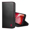 A black leather iPhone case with red stitching and a red bull logo is shown open, revealing an iPhone screen. Voir les images du produit