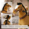 A collage of images showing a plush rocking horse with different views and feature callouts. Náhled obrázku produktu