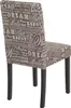A single dining chair with a text-patterned fabric seat and back, and dark wooden legs, is shown against a white background. Produktbild-Vorschau