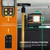 A laser level device mounted on a yellow pole, with a remote control shown separately. Produktbild-Vorschau