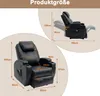 A collage of two images showing a black recliner chair with dimensions labeled. Produktbild-Vorschau