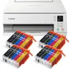 A white Canon Pixma printer with multiple ink cartridges in the foreground. Produktbild-Vorschau