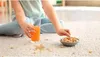A child sitting on a carpet, holding a glass of orange juice and a bowl of nuts, with some spilled crumbs and juice on the carpet. Podgląd zdjęcia produktu