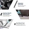 Collage of images showing a handheld vacuum cleaner and its attachments being used in different scenarios, with descriptive text. Produktbild-Vorschau