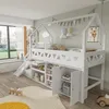 A child's bedroom with a white loft bed featuring a slide, stairs, and integrated storage. Podgląd zdjęcia produktu