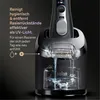 A Braun electric shaver is shown in its charging and cleaning station, with water flowing to illustrate the cleaning process. Text highlights its hygienic cleaning capabilities. Náhľad obrázku produktu